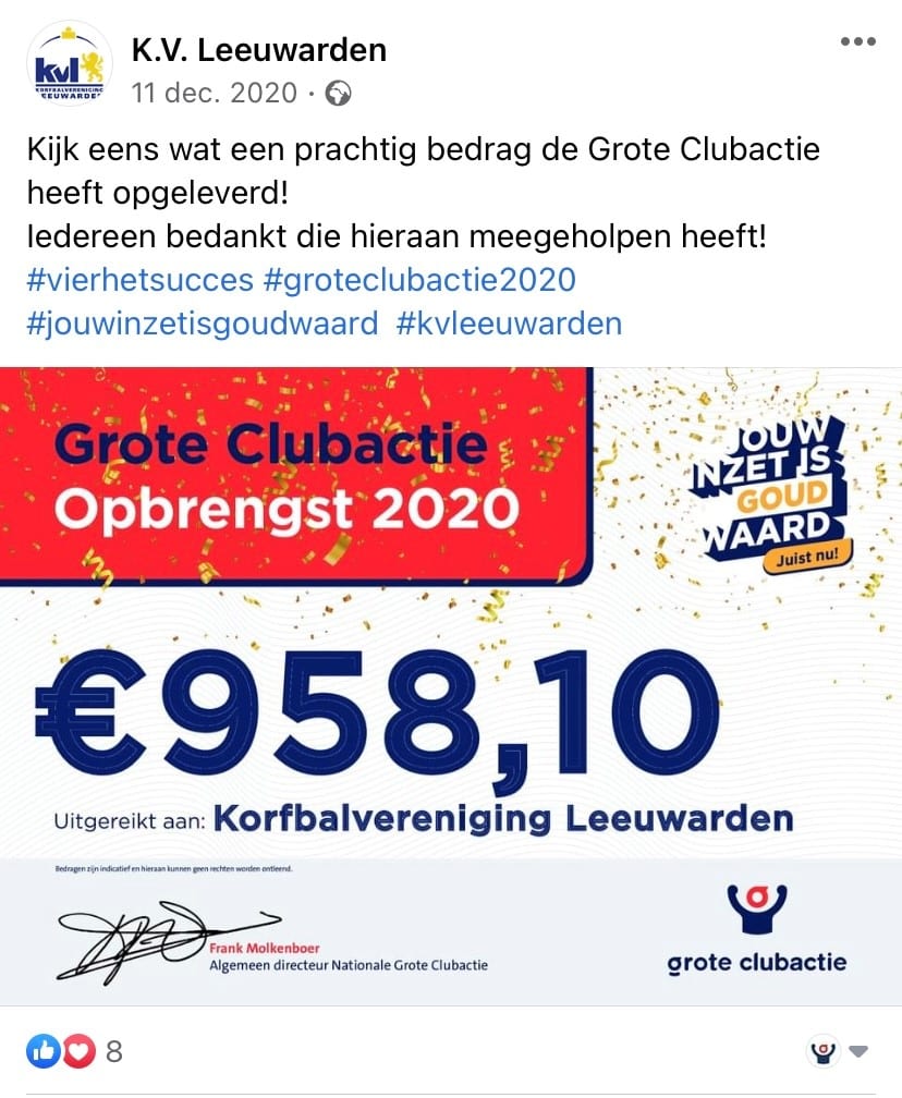 Opbrengst korfbalvereniging Leeuwarden