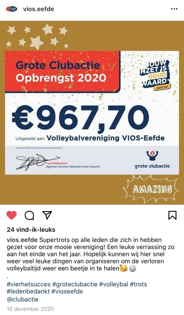 Opbrengst volleybalvereniging VIOS